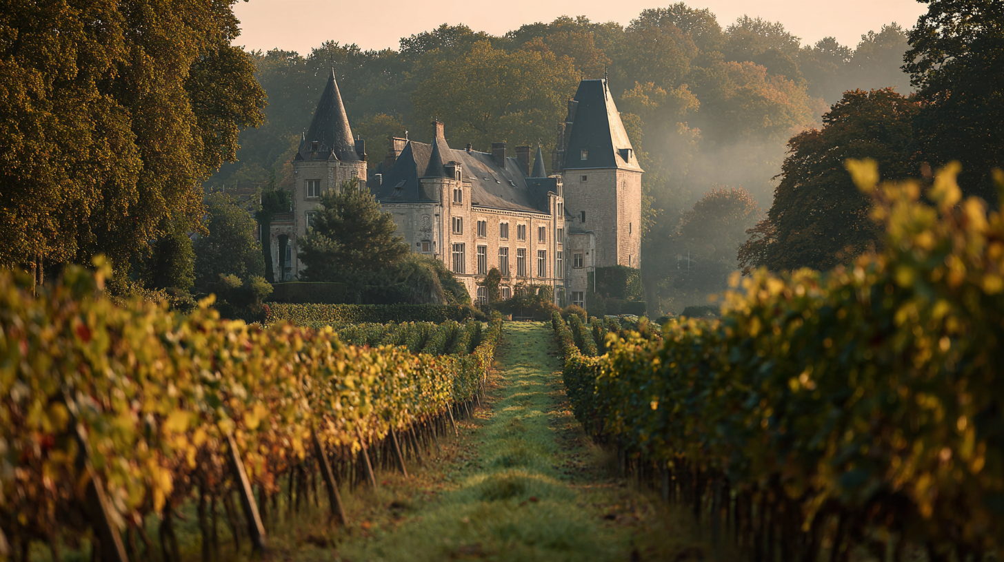 Château et vignoble bio de Bioul en automne, brume matinale sur les rangs de vigne