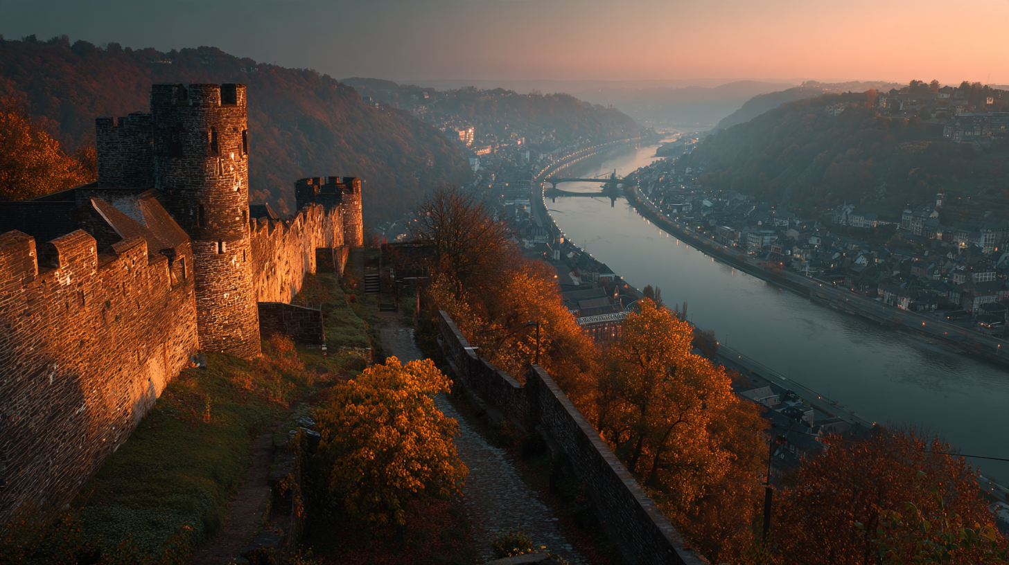 Citadelle de Namur dominant la Meuse au crépuscule, brume et feuillages d’automne