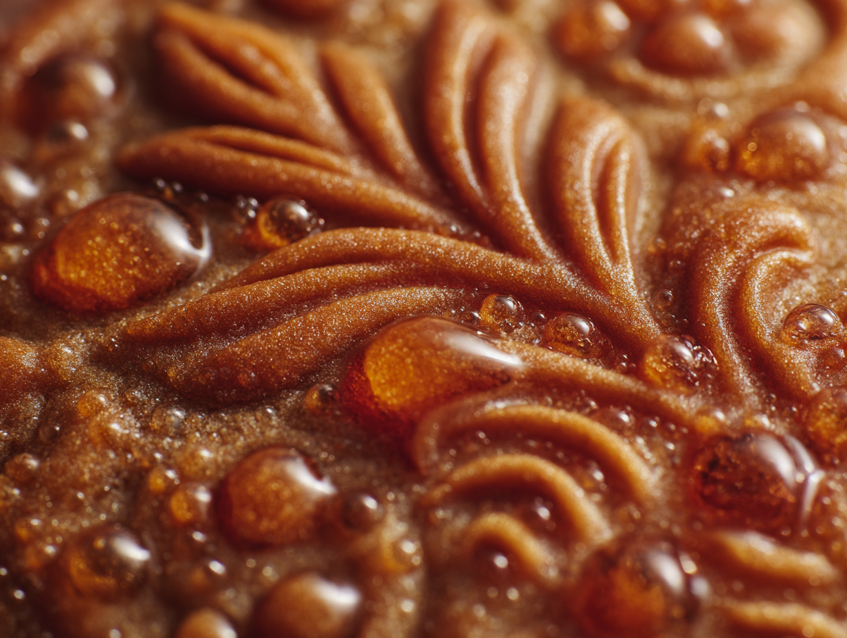 Macro de la surface caramélisée et du relief moulé d’une couque de Dinant