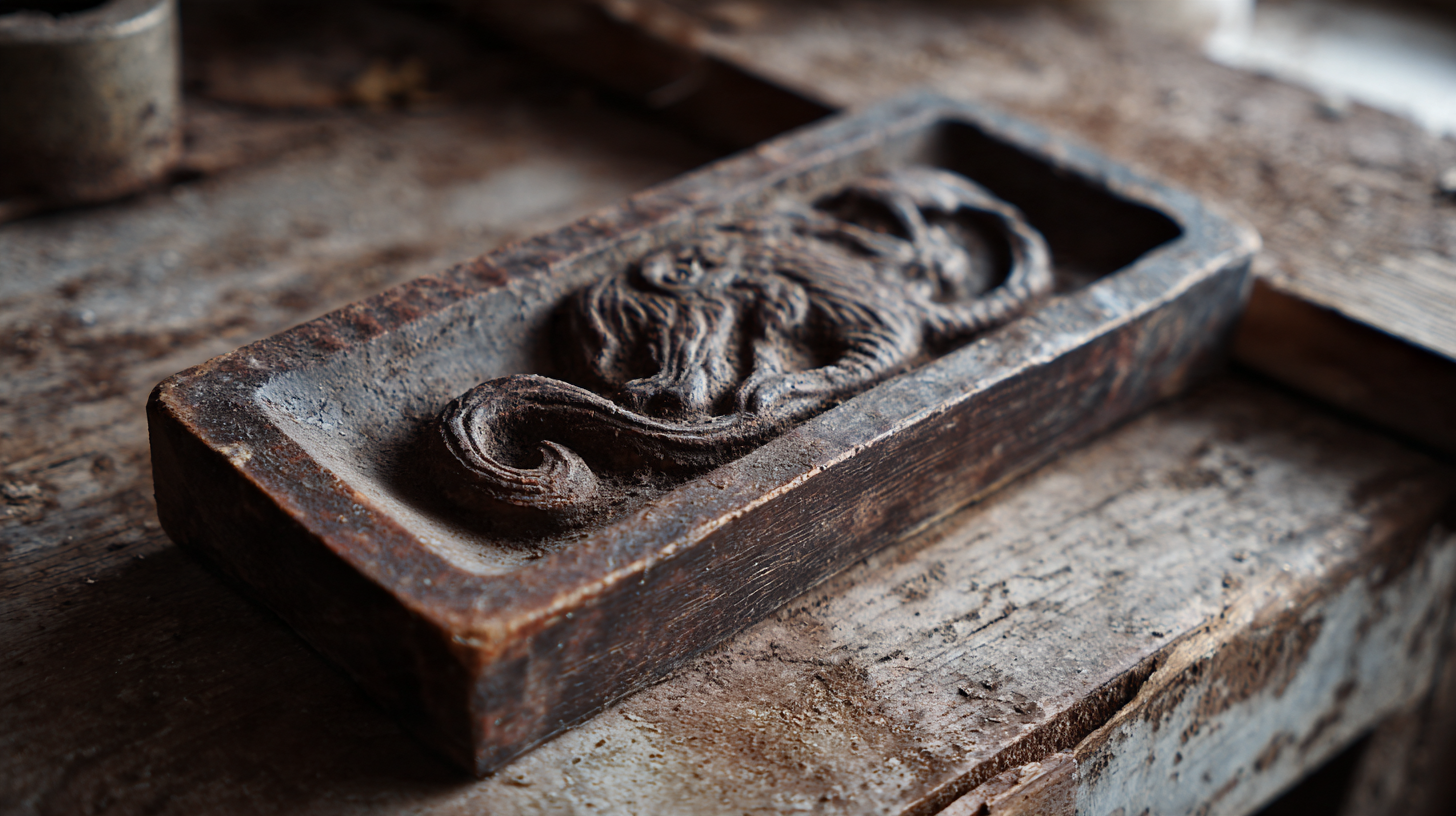 Ancien moule à couque de Dinant en bois de poirier sculpté à la main, posé sur un établi