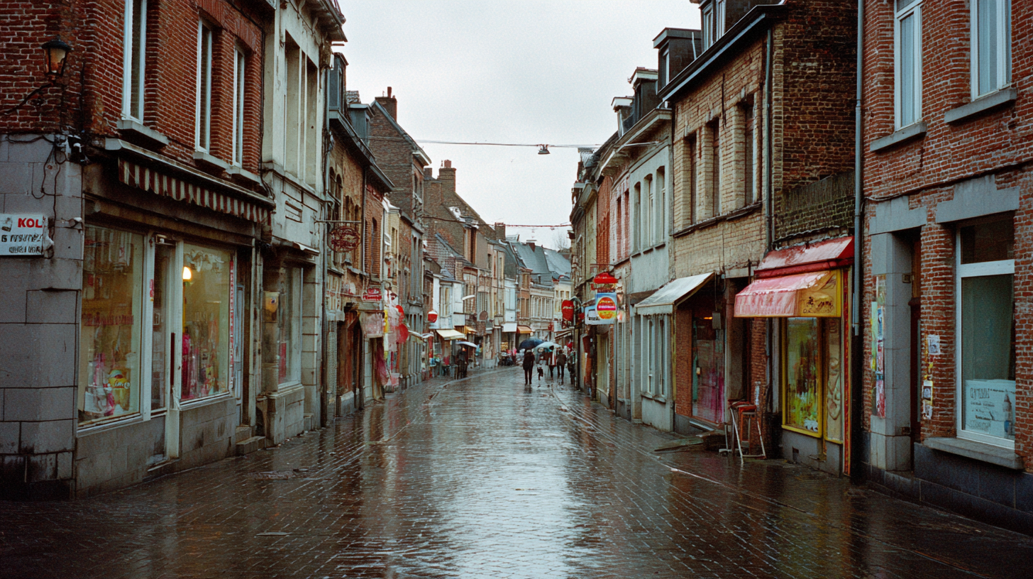 Rue commerçante de Dinant un matin gris d’automne, pavés mouillés