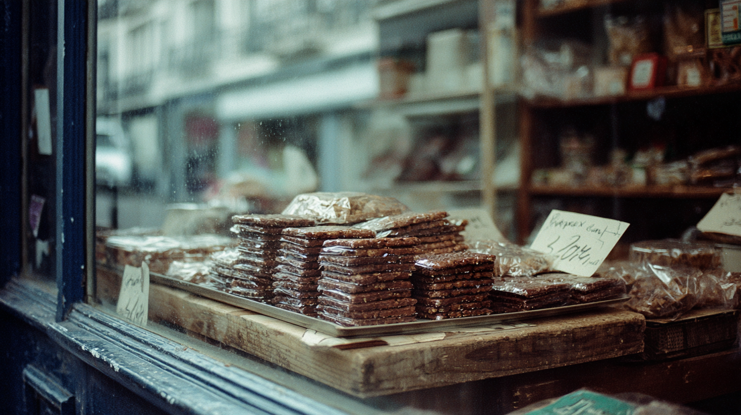 Vitrine d’une pâtisserie dinantaise garnie de piles de couques de Dinant