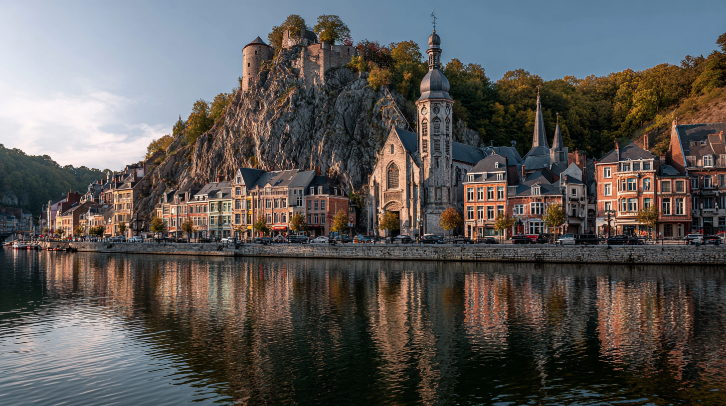 Vue panoramique de Dinant avec collégiale et citadelle au-dessus de la Meuse