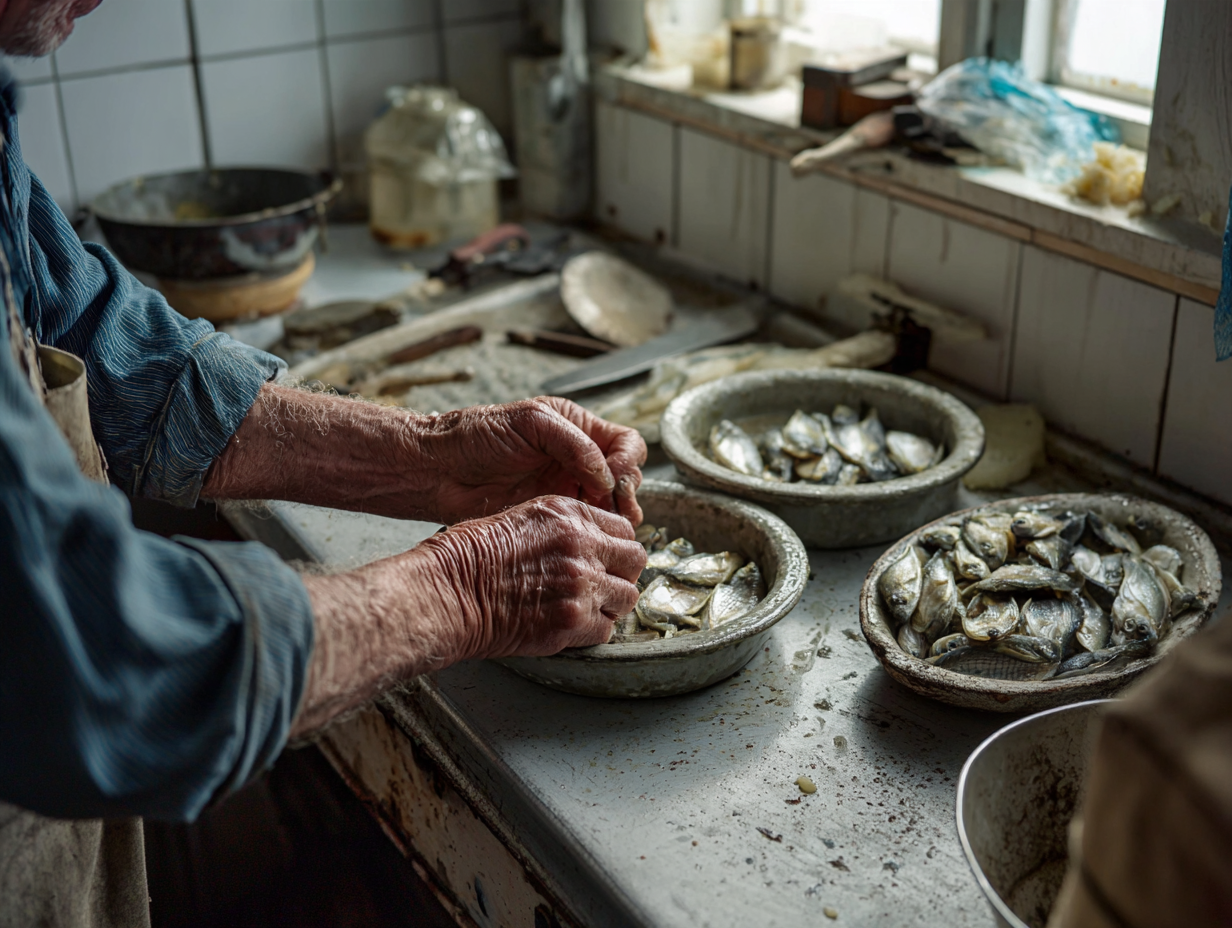 Mains d un artisan disposant des filets de poisson dans des pots de grès