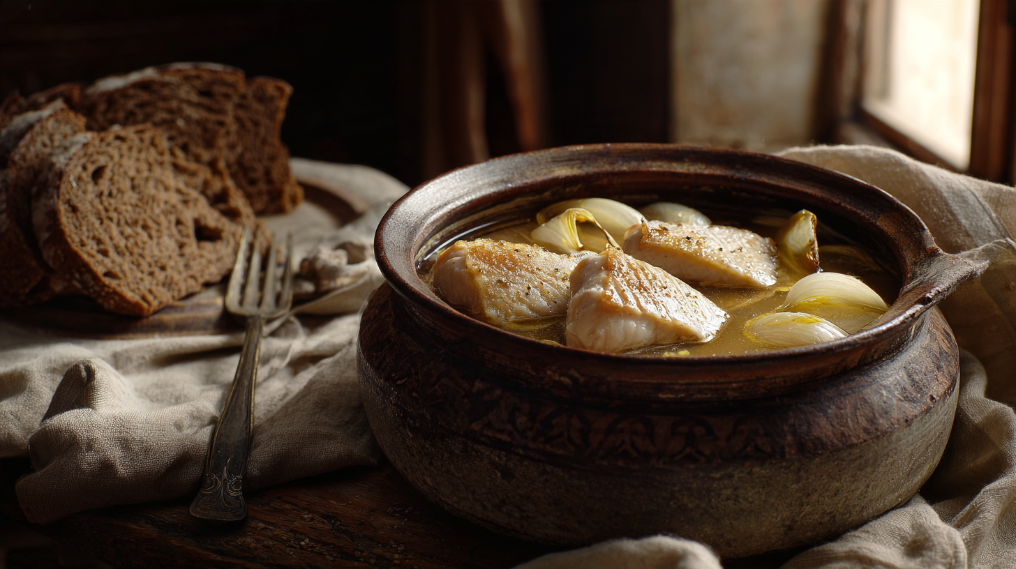 Pot de gres ouvert rempli d escaveche avec poisson oignons et gelee ambree sur une table en bois