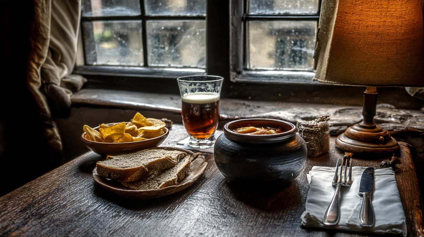 Table d auberge belge en automne avec escavèche, pain gris, frites et bière brune