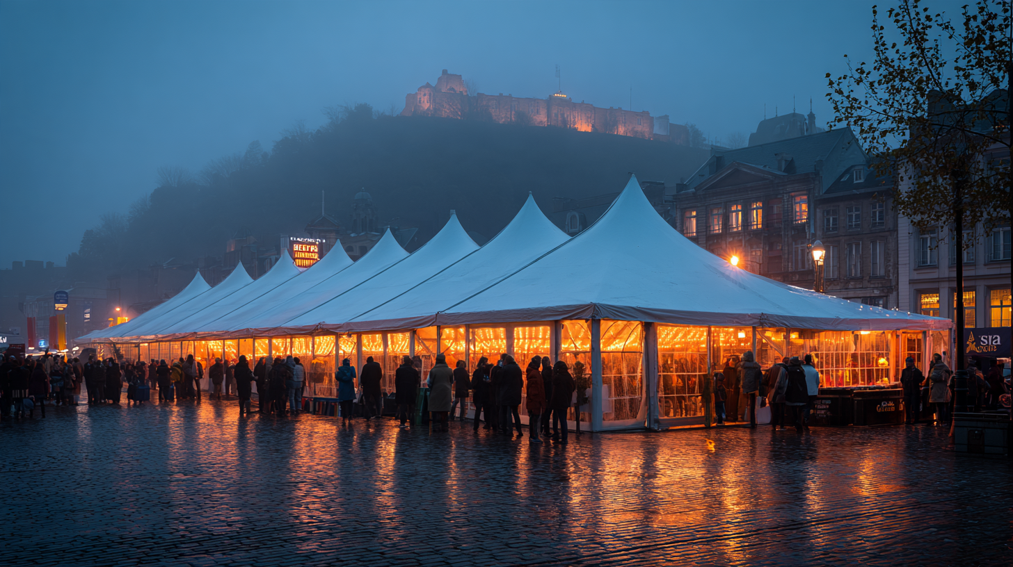 Chapiteau du festival de cinéma sur la place d’Armes de Namur à la tombée de la nuit