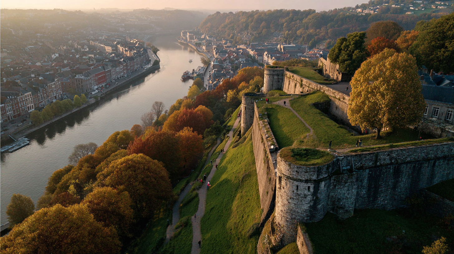 Vue aerienne de la Citadelle de Namur et de la Meuse sous la lumiere doree d octobre