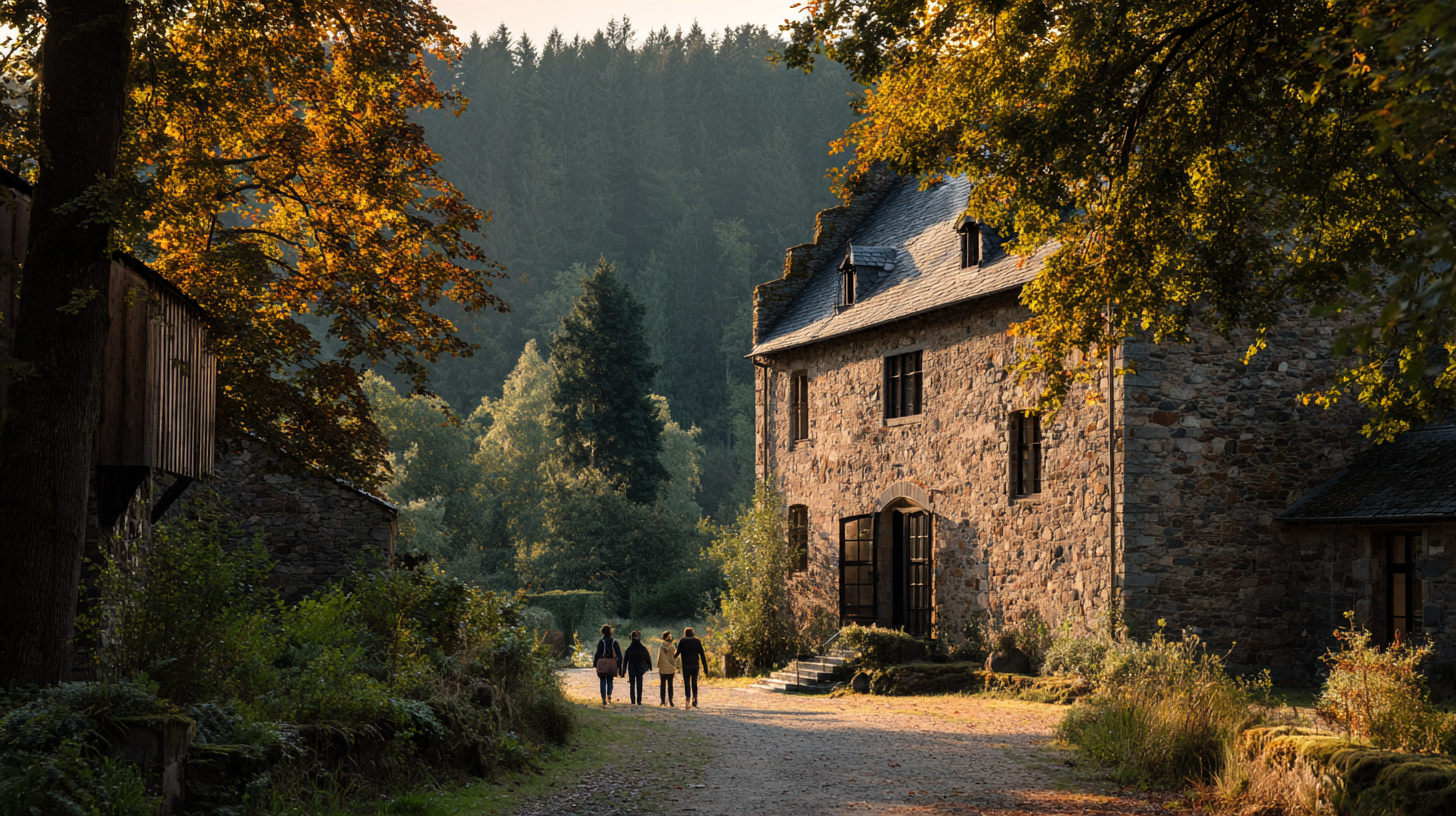 Batiment de pierre du Musee du Malgre-Tout a Treignes entoure d arbres d automne