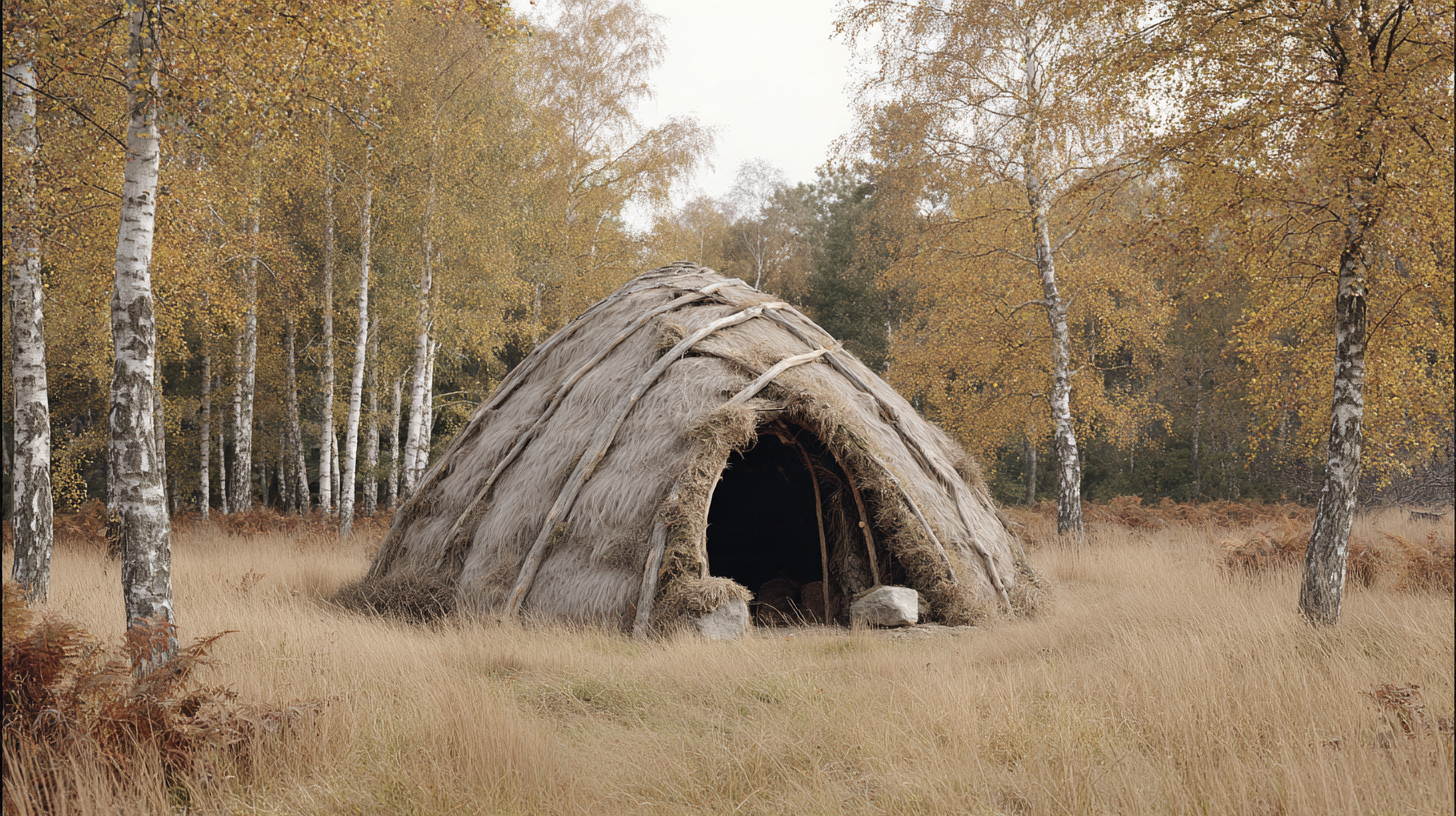 Habitat paléolithique reconstitué en plein air au Parc de la Préhistoire de Treignes
