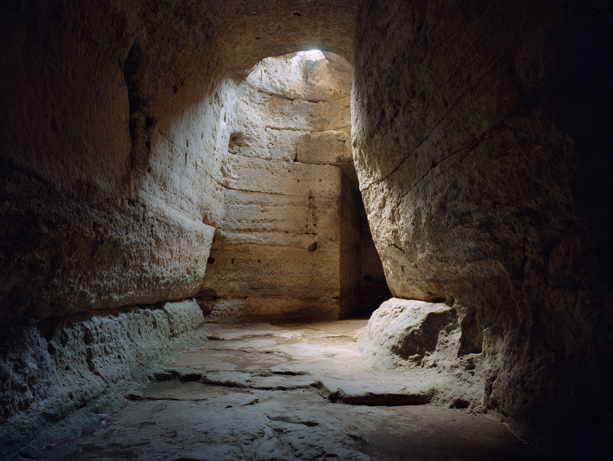 Intérieur d’une cave-citerne médiévale creusée dans le calcaire à Poilvache