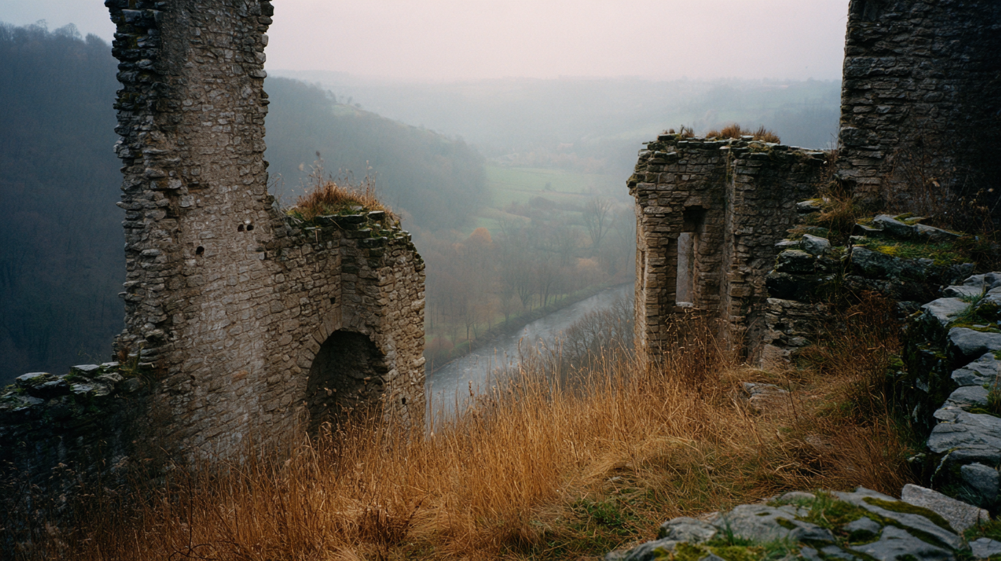 Pan de courtine en pierre calcaire des ruines de Poilvache dominant la vallée de la Meuse dans la brume d’automne