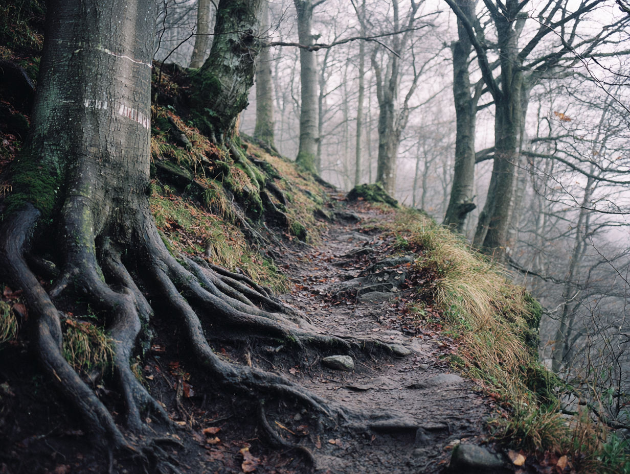 Sentier forestier pentu bordé de hêtres menant à Poilvache depuis Houx