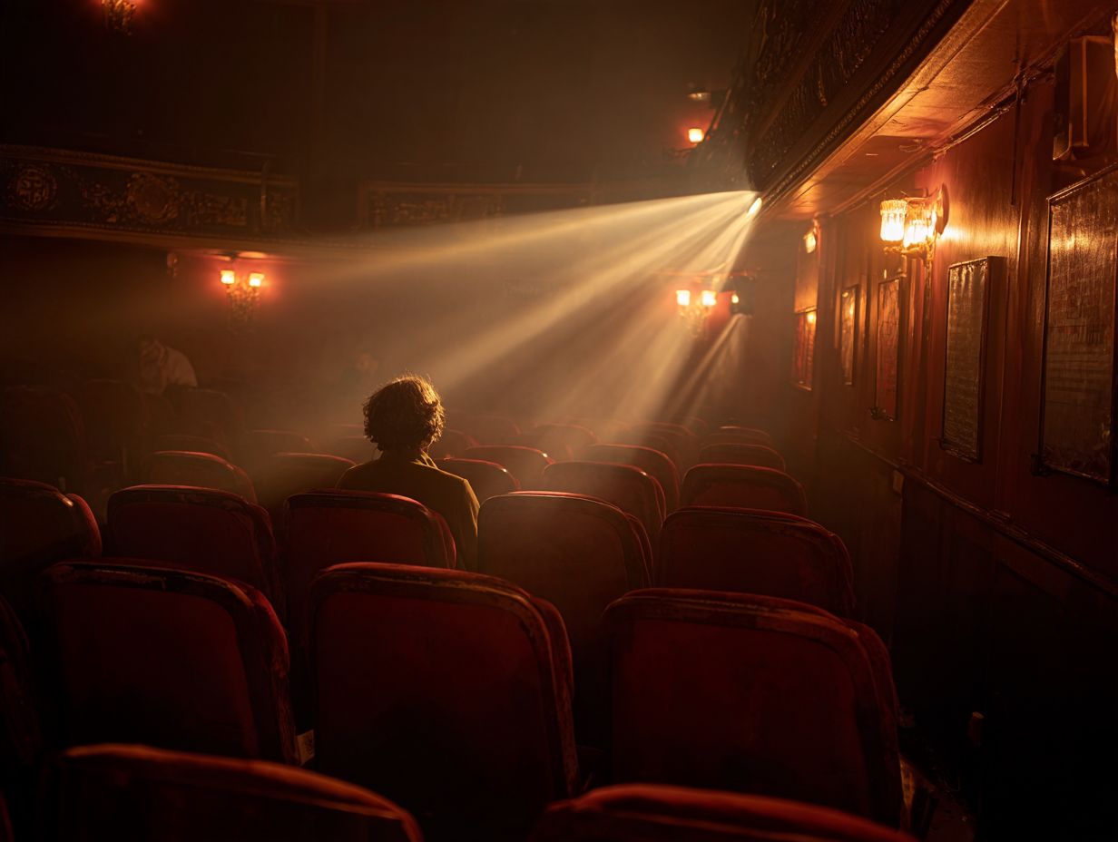 Salle de cinéma art déco, fauteuils en velours rouge et faisceau de projecteur