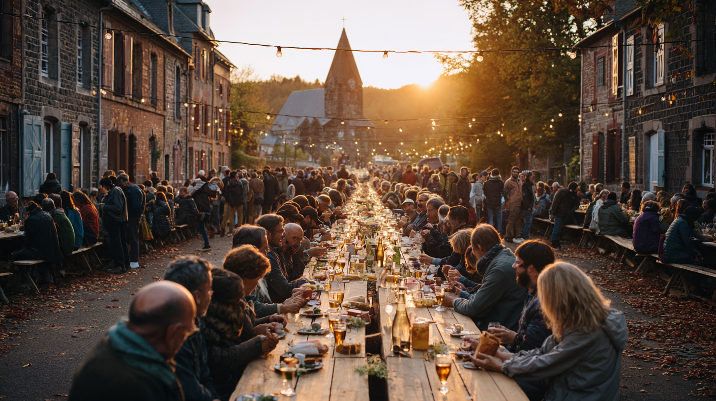 Table communale de quarante-quatre mètres sur la place d’Anhée au coucher du soleil