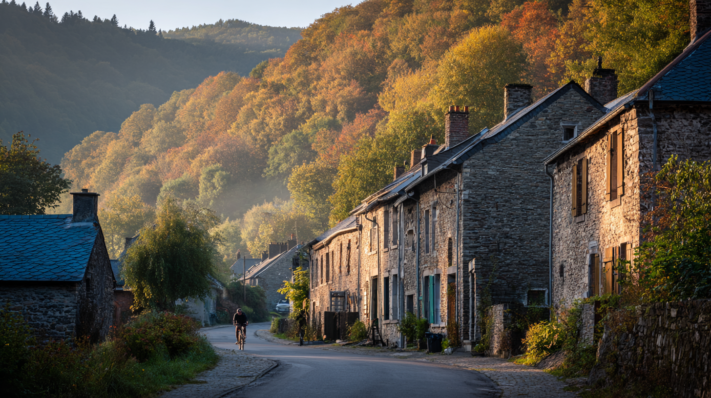 Rue d'un village de pierre de la vallée du Viroin un matin d'automne