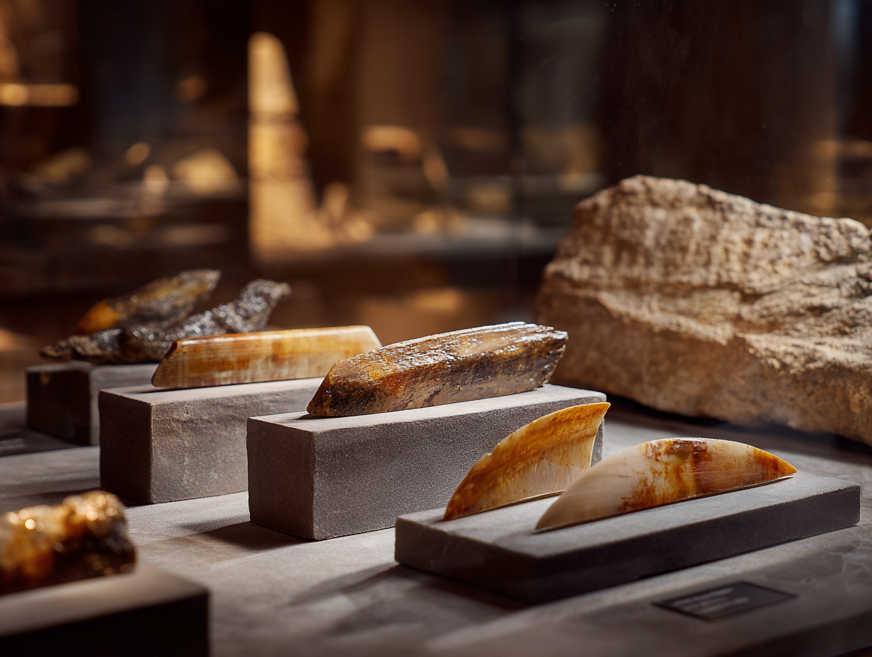 Lames de silex et molaire de mammouth exposées dans une vitrine de musée