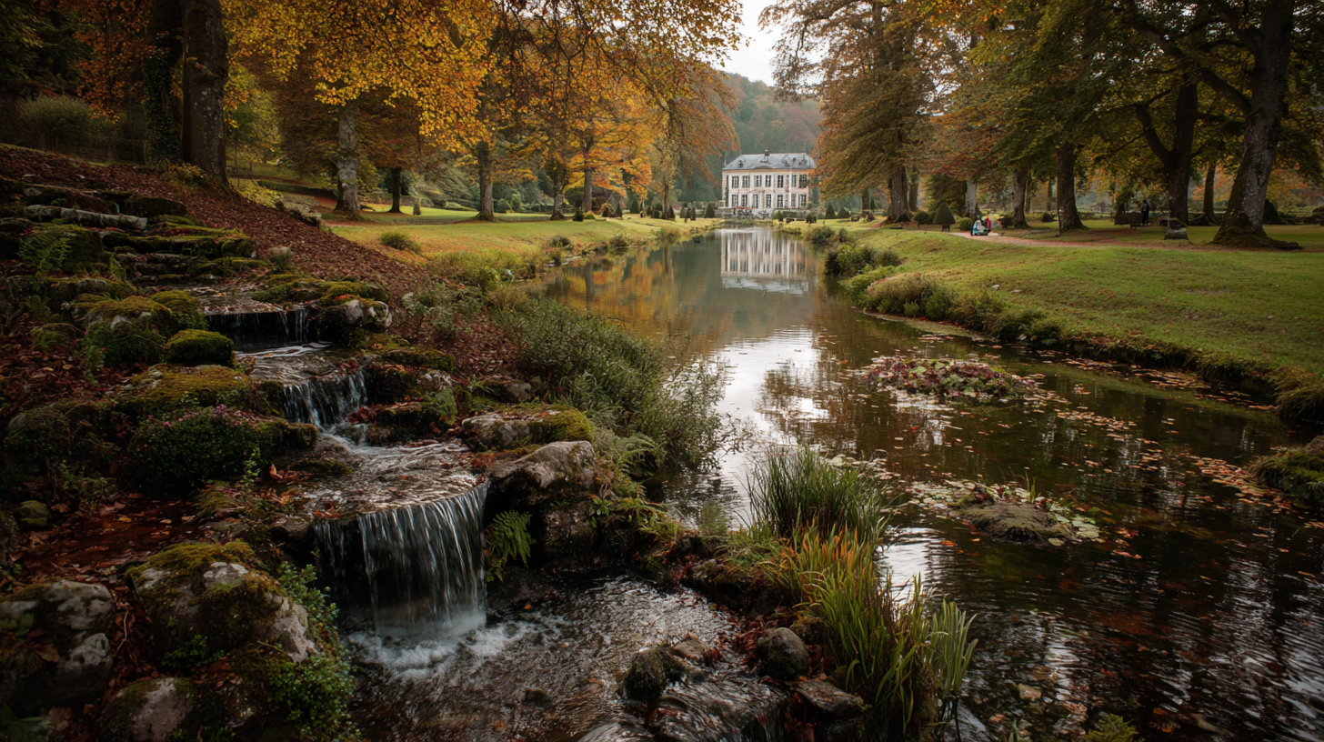 Jardins d'Annevoie en automne : cascade et feuillages cuivrés