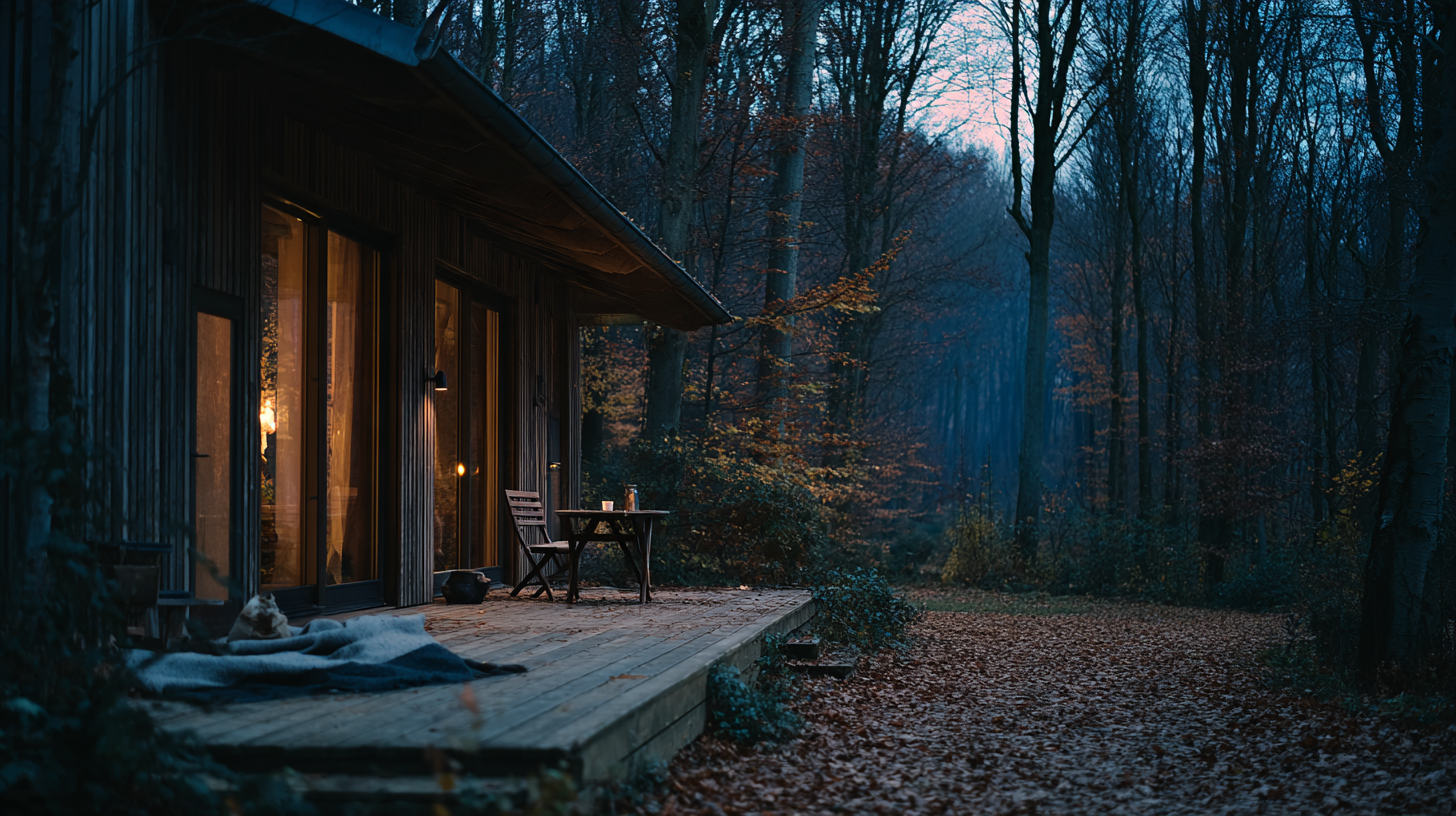 Bungalow en bois au crépuscule dans la forêt ardennaise