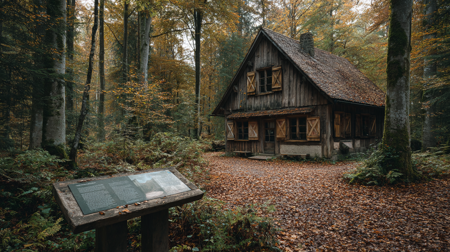 Chalet de bois de style bavarois en forêt avec un panneau d'information en automne