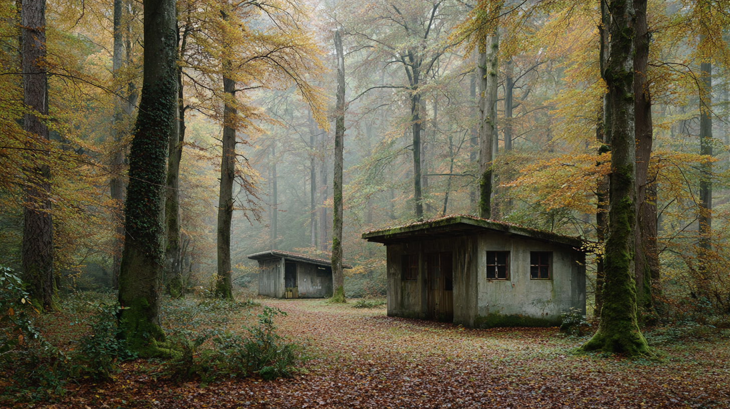 Clairière brumeuse en forêt ardennaise avec un abri de béton et deux chalets de bois à Brûly-de-Pesche