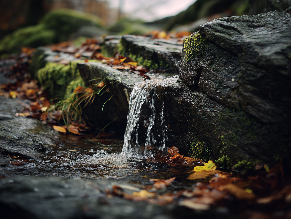 Petite cascade sur des pierres moussues en forêt d’automne