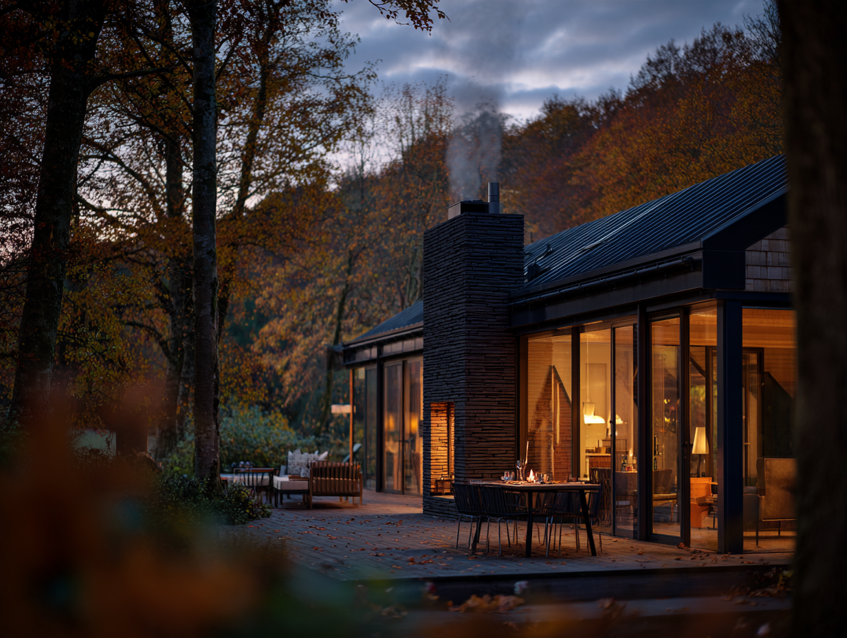 Chalet en bois éclairé au crépuscule dans les Ardennes belges en automne