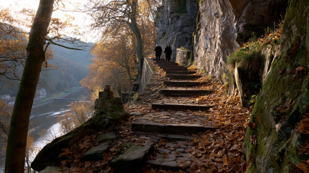 L'escalier de 408 marches menant à la Citadelle de Dinant parmi les feuilles d'automne