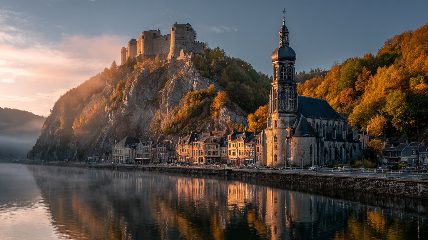 La Citadelle de Dinant et la collégiale Notre-Dame au-dessus de la Meuse en automne