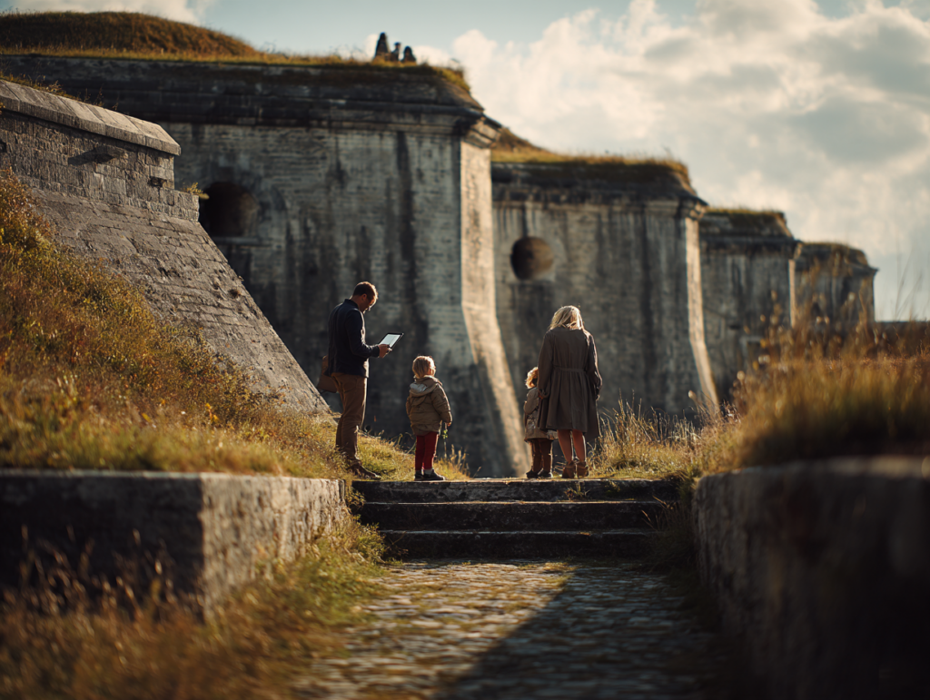 Visiteurs avec une tablette HistoPad devant les remparts de la Citadelle de Dinant