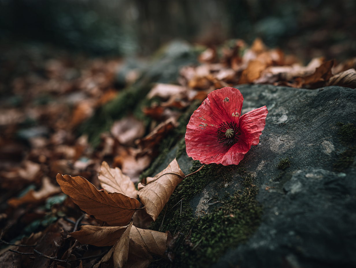 Un coquelicot posé sur une pierre moussue parmi les feuilles de hêtre dorées