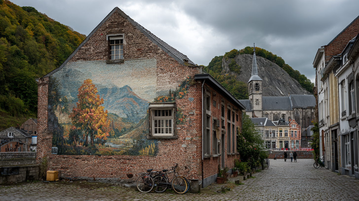 Fresque peinte sur un pignon de brique dans une petite ville mosane