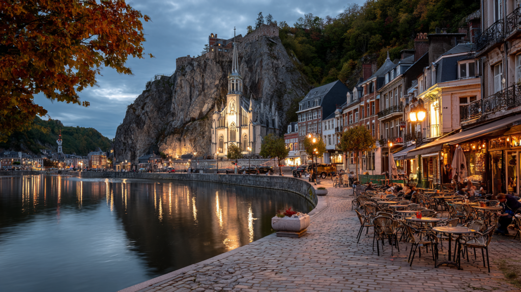 Les quais de Dinant au crépuscule d'automne, terrasses éclairées au bord de la Meuse