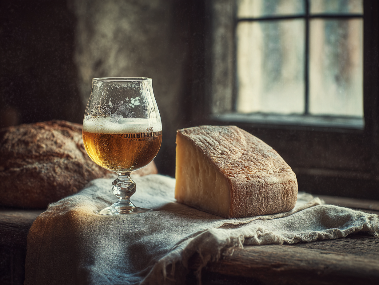 Fromage, pain et bière d'abbaye sur une table en bois