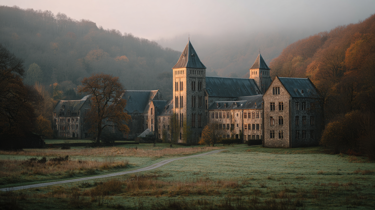 Abbaye de Maredsous dans la brume, vallée de la Molignée