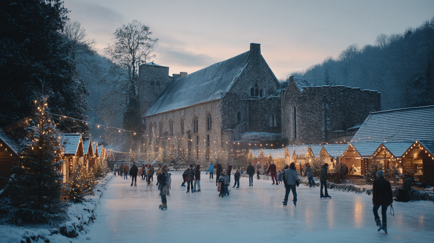 Patinoire et chalets de Noël devant l'abbaye de Maredsous