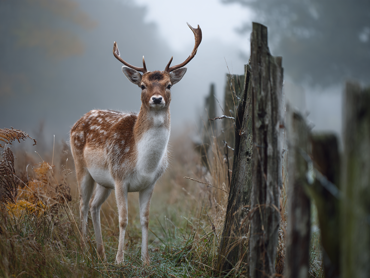 Daim derrière une clôture en bois dans la brume du matin