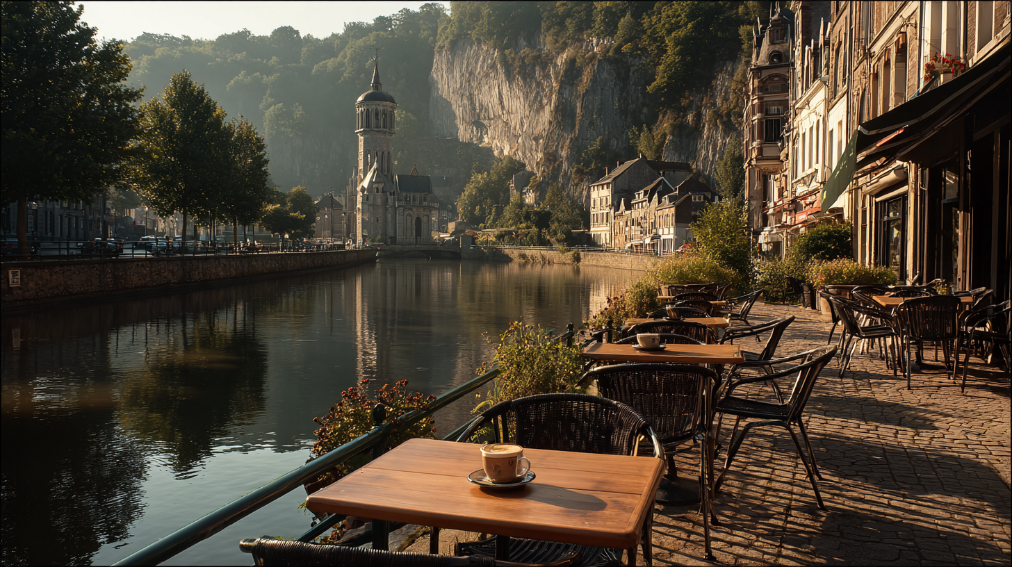 La Meuse à Dinant en fin de journée, terrasse de café au premier plan