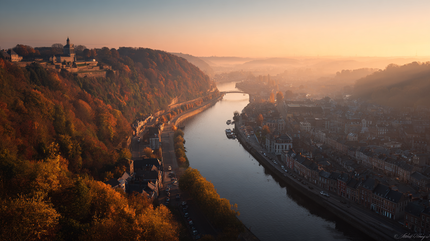 La citadelle de Namur au confluent de la Meuse et de la Sambre, au crépuscule d'automne