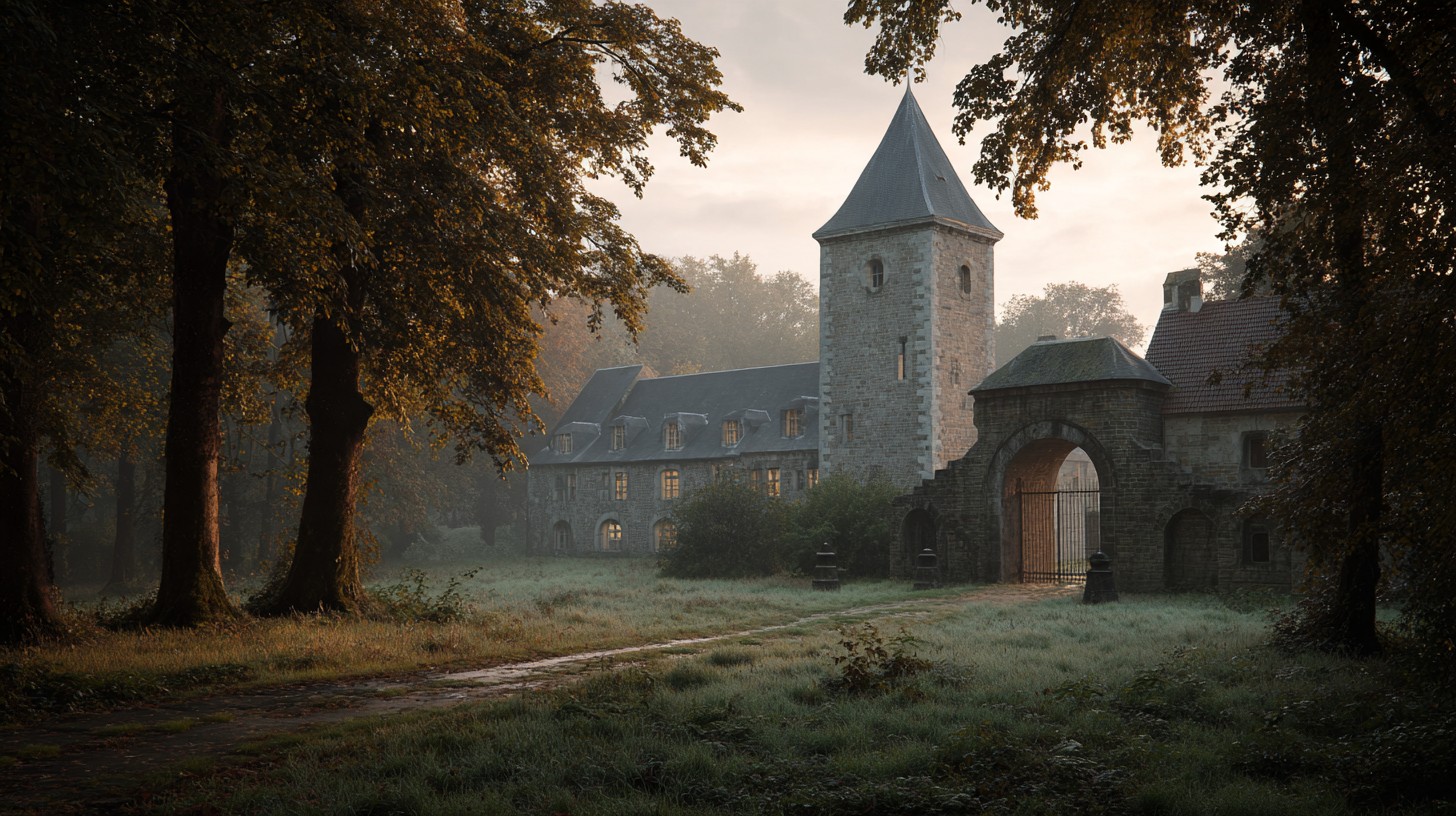 L'abbaye trappiste Notre-Dame de Saint-Remy à Rochefort dans la brume d'octobre