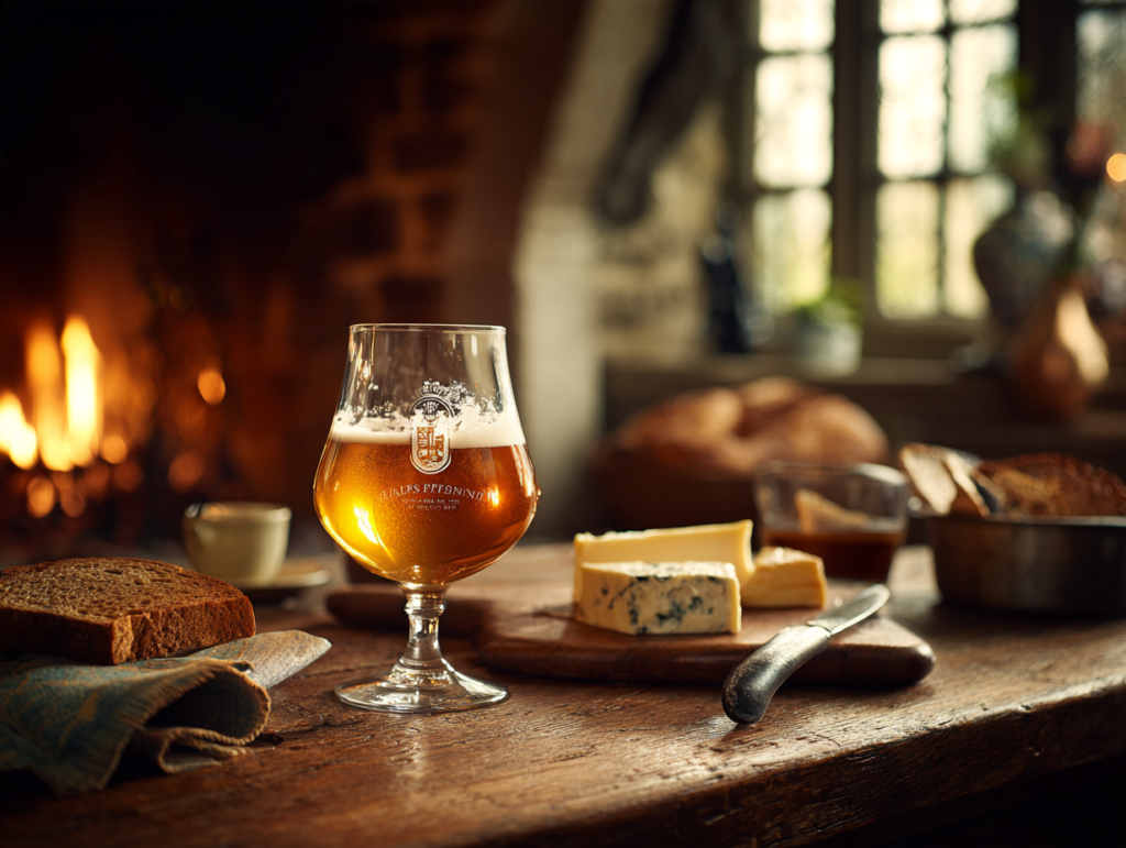 Verre de bière trappiste dorée sur une table en bois près d'une cheminée, ambiance d'automne
