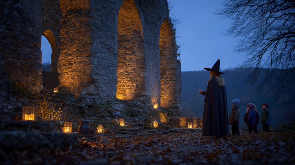 Silhouette d'une sorcière devant les ruines du château comtal de Rochefort au crépuscule d'automne