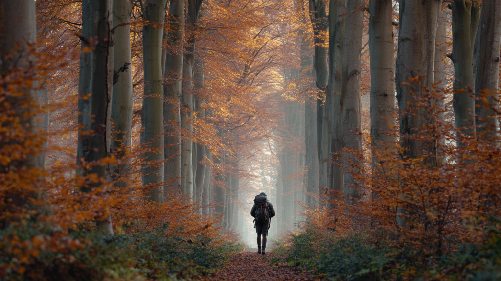 Sentier forestier aux hêtres dorés près de Rochefort à la mi-octobre