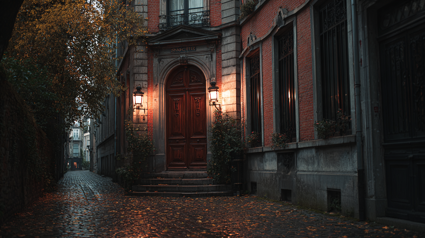 Entrée d'un musée dans une rue pavée de la vieille ville de Namur par un matin brumeux d'octobre