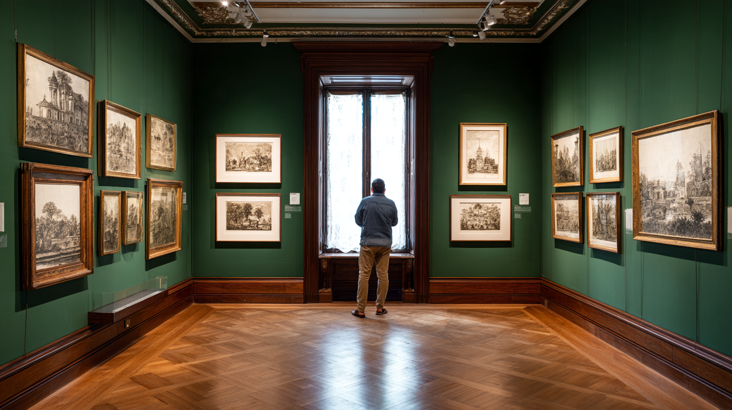 Salle de musée aux murs verts ornée d'estampes anciennes encadrées, un visiteur de dos devant une fenêtre