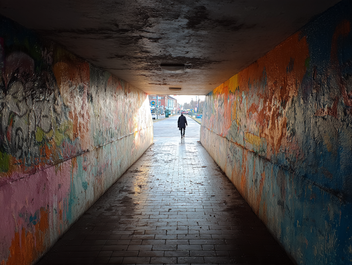 Tunnel piétonnier couvert de fresques et de graffitis