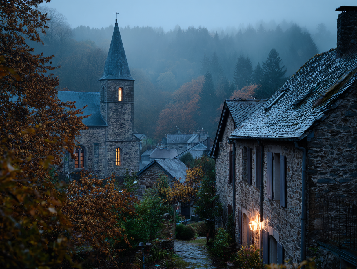 Village ardennais au crépuscule de novembre, maisons de pierre et église dans la brume